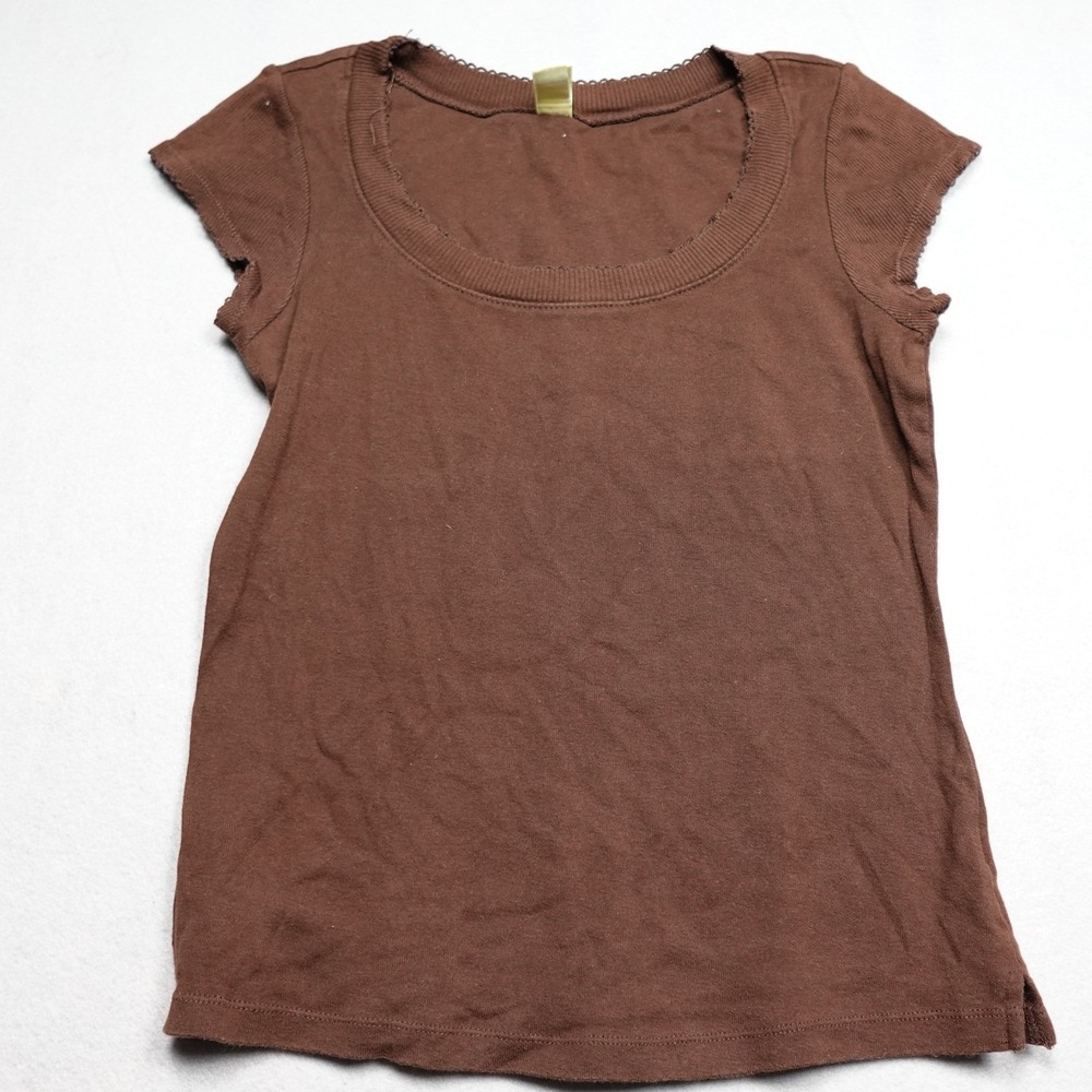 Kavio! T-Shirt Womens Large Brown Scoop Neck Cap Sleeve Slim Fit Basic Tee